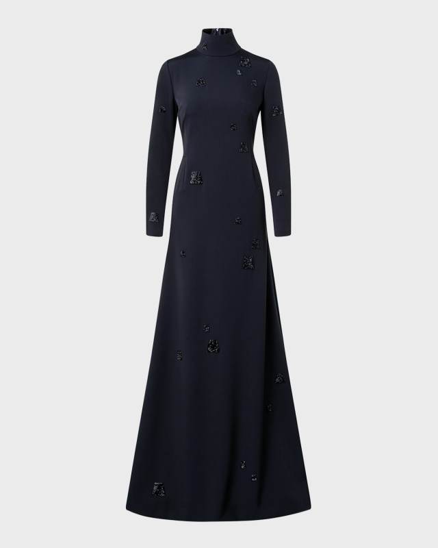 Embellished Long-Sleeve Godet-Back Gown